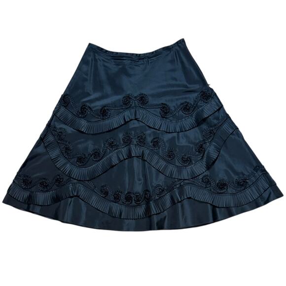 VTG Rickie Freeman Teri Jon Skirt Womens Black Silk Taffeta Rose Ruffle A Line 6 - Picture 3 of 6